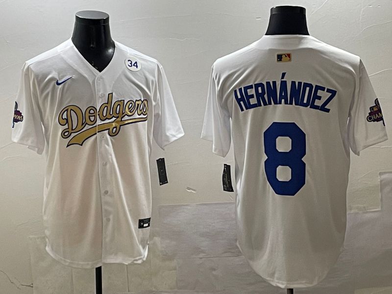 Men Los Angeles Dodgers 8 Hernandez White Champion gold character 2025 Nike MLB Jersey style 3313